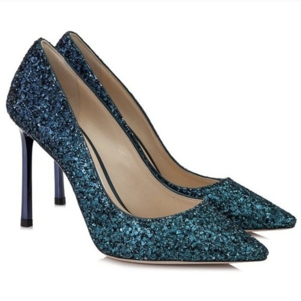 Jimmy Choo Teal Glitter Pointed Toe Pumps